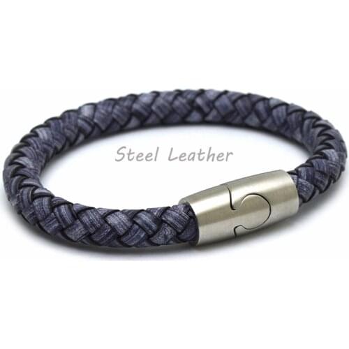 5pcs/lot engrave logo Fashion Stainless Steel Charm Magnetic Men Bracelet Leather Genuine Braided Punk Rock Bangles Jewelry diy