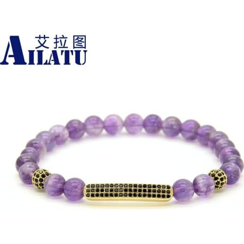 Ailatu Fashion Men & Women Jewelry Wholesale 6mm Natural Purple Crystal Stone Micro Inlay Black Cz Tube Beaded Bracelets