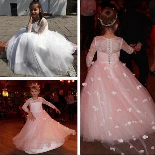 Kids 3/4 Sleeve Flower Girl Dresses Crew Neck Top Lace Princess Prom Gown Butterfly Floor Length Toddler For Wedding Party Gowns