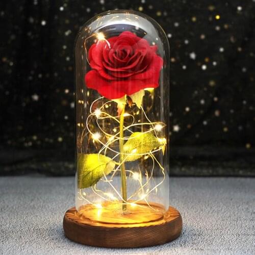 Beauty and The Beast Gold Foil Galaxy Rose Flower LED Light Artificial Flower In A Glass Dome Mother Day Valentine Gift for Girl