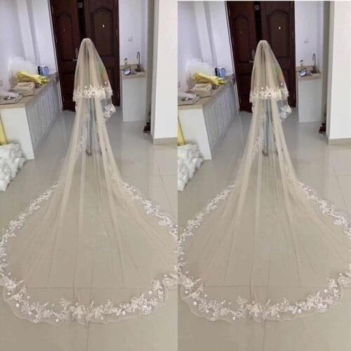 Bridal Veils Long Lace Edge Flower Luxurious Applique Cathedral Wedding Veil With Comb 3.5Meters Champagne White velo de novia