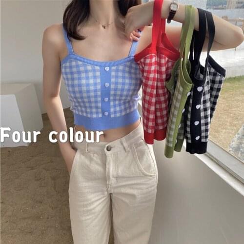 Shintimes Short Tank Tops 2020 Fashion Sexy Sleeveless Plaid Knitted Vest Pullover Elasticity Summer Crop Tops Womens Clothes