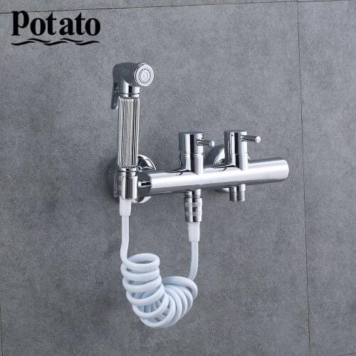 Potato Bidet Faucets Two Handle Cold & Cold Hot Water Corner Valve Function Shower Square Hand Shower Head Tap Crane p0047-1