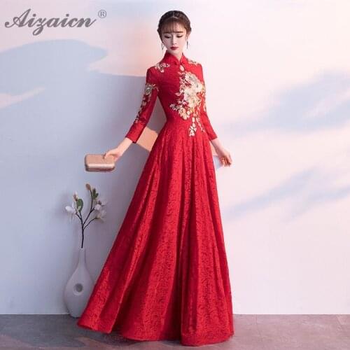 Red Lace Evening Dress Cheongsam Modern Oriental Style Fashion Bride Vintage Gown Qi Pao Women Chinese Traditional Clothing Robe