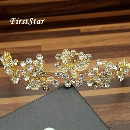 FirstStar Fashion Luxury Clear Crystal Wedding Head Piece Gold Rhinestone Butterfly Crown Tiara Headband For Bride Hair Jewelry