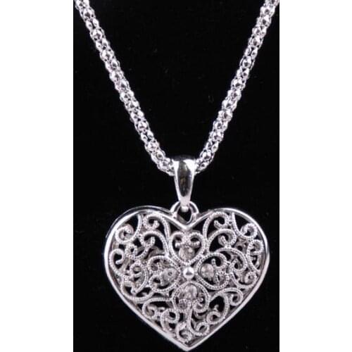 MOODPC Free ShippingNew Women Fashion Vintage Jewelry Rhodium Plated Love Hollow Crystal Heart Pendant Charm Necklaces