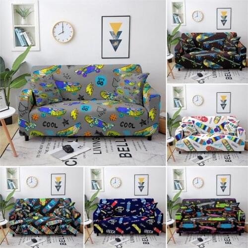 Cartoon Skateboard Elastic Sofa Cover For Living Room Sectional Sofa Slipcover Couch Cover Stretch Polyester Loveseat Sofa Cover