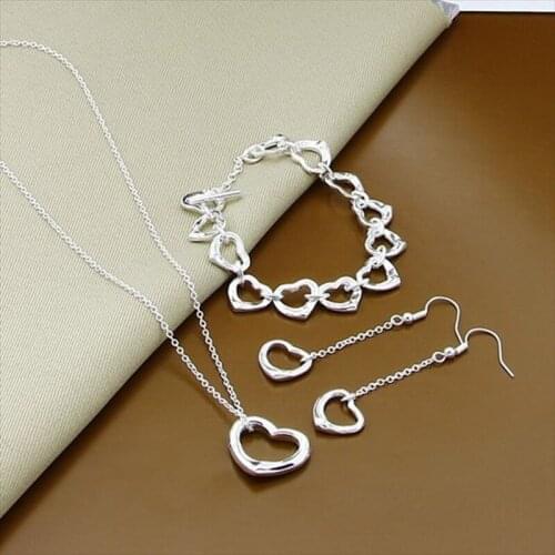 New Style 925 Sterling Silver Heart Shaped Earrings Bracelet Necklace Set For Women Engagement Party Wedding Fashion Glamour Jew