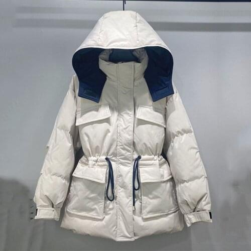 Novel Winter Loose Drawstring Waist Hooded Thick Down Parka Cotton Padded Coat Women Mid-Length Outwear