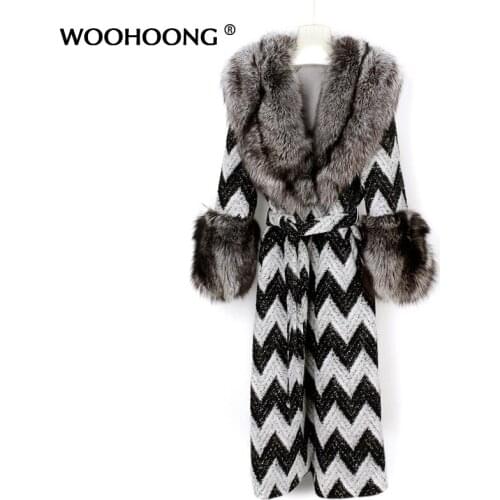 Womens Natural Silver Fox Fur Coat Real Fur Coat Cuffs Plus Fox Fur Lengthened Womens Trench Coat Belt To Keep Warm
