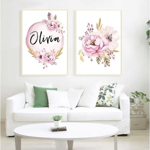 Custom Girl Name Baby Poster Peony Pictures Flowers Canvas Painting Wall Art Nursery Prints Wall Painting Kids Bedroom Decor