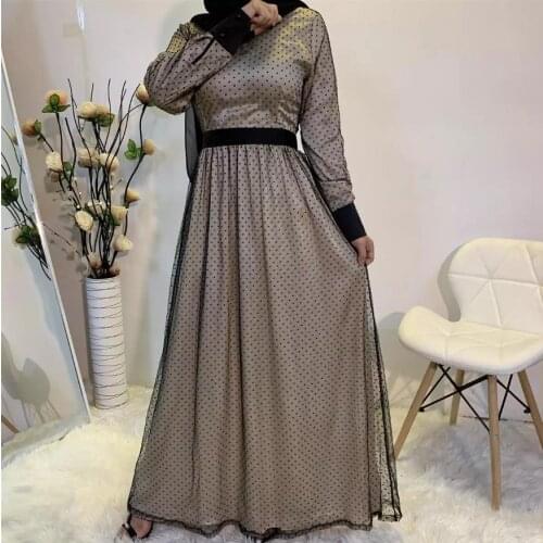 Latest fake two pieces Muslim Robe abaya syari female full length polka dots mesh Muslim abaya Worship Service abayas F2038