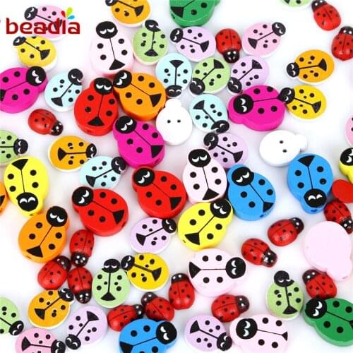50/100PCS Mixed Color Wooden Button Ladybird Star Butterfly Flower Wood Buttons Beads House Shape 2 Holes For Jewelry Making