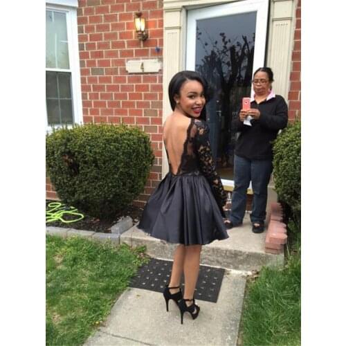 Sxey Backless Long Sleeve Homecoming Dresses Short With Lace A-Line Black Cocktail Graduation Dress Custom Made