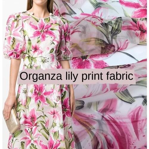 50x145cm Pink lily print polyester material see-through fashion shirt clothing organza fabric cloth for dress sewingper meter