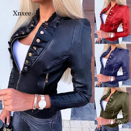 Casual Motorcycle Faux Leather Jacket Womens Button Pockets Zippers Slim Pu Short Jacket