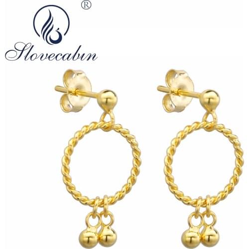 Slovecabin Pure 925 Sterling Silver Fashion Gold Color Round Stud Earrings For Women Bells Wedding Earrings Silver Fine Jewelry