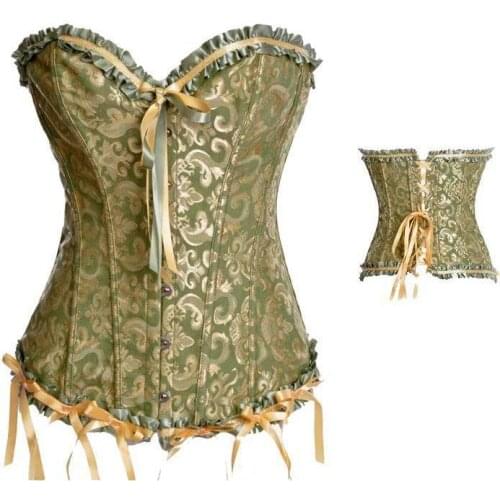 Womens Steampunk Gothic Brocade Corset Top Overbust Waist Cincher Lace Up Corsets And Bustiers Green