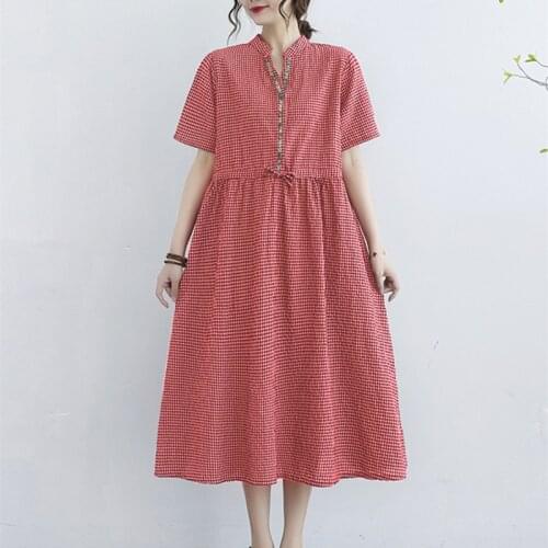2021 New Arrival Short Sleeve Loose Summer Dress Cotton Linen Plaid Embroidery Vintage Dress Women Travel Casual Midi Dress