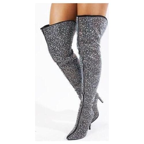 Linamong Winter Woman Black Blue Bling Rhinestone Over The Knee Boots Sexy Lady Pointed Toe Stiletto Heels Slip On Long Boots