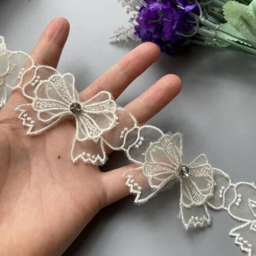 1 Yard 7cm Ivory Mesh Bowknot Rhinestones Embroidered Lace Trim Ribbon Patches Applique Fabric DIY Wedding Dress Sewing Supplies
