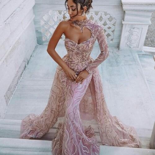 Arabic Mermaid Prom Dresses Unique One Shoulder Beading Backless Party Gowns Red Carpet Fashion Evening Dress vestidos