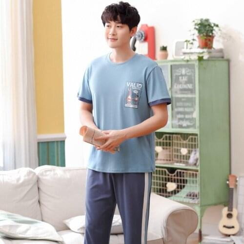 Men short sleeve trousers pure cotton summer casual home knitted casual thin two piece men pajama sets pajama set men pajamas