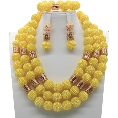 Bright Yellow Color Plastic Ball Necklace Bracelet Earrings Set African Wedding Jewelry Nigeria Beads Women Jewelry HS0004