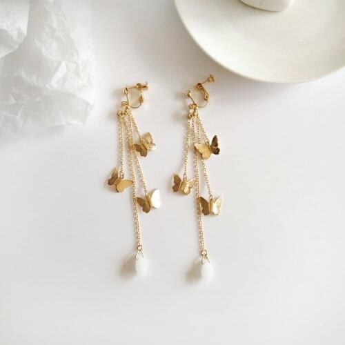 Korean Temperament Gold Color Long Tassel Chain Women Clip Earrings Golden Butterfly Clip on Earring Without Ears Piercing