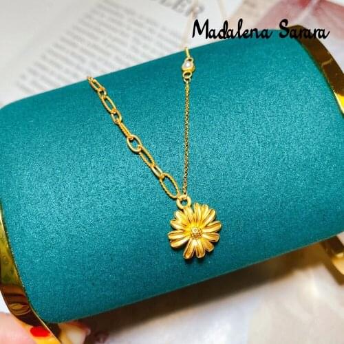MADALENA SARARA Pure 18K Gold Sunflower Pendant Diamond Inlaid Au750 Pure Gold Chain Necklace Korean Style