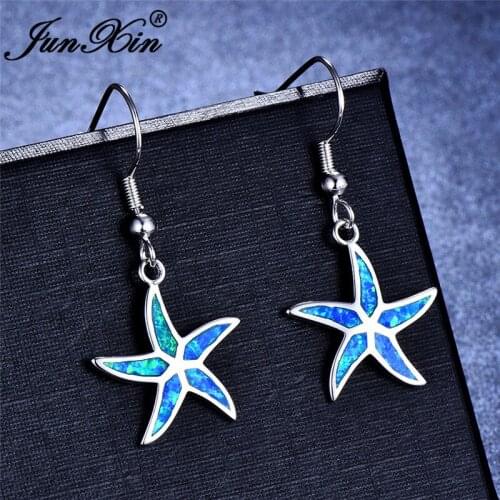 Cute Animal Starfish Drop Earrings For Women Ocean Blue White Fire Opal Earrings Silver Color Female Wedding Dangle Earring