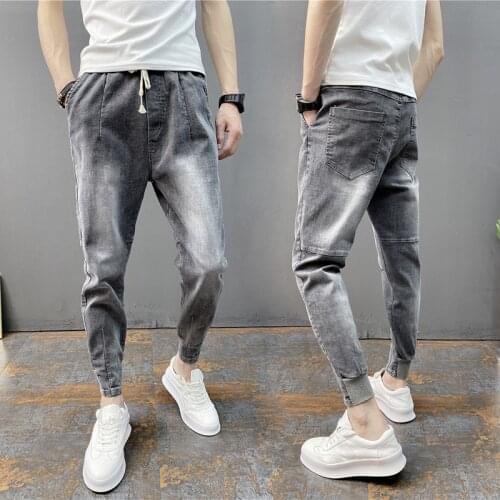 Fashion 2021 teenagers hip hop drawstring Small-footed jeans new thin mens waist elastic pants summer trend harem pants