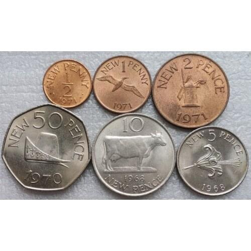British Guernsey 1968-1971 1 / 2.1.2.5.10.50 Pence Coin 6 Pieces Original True Real Genuine Coin European Collectible Gift Unc