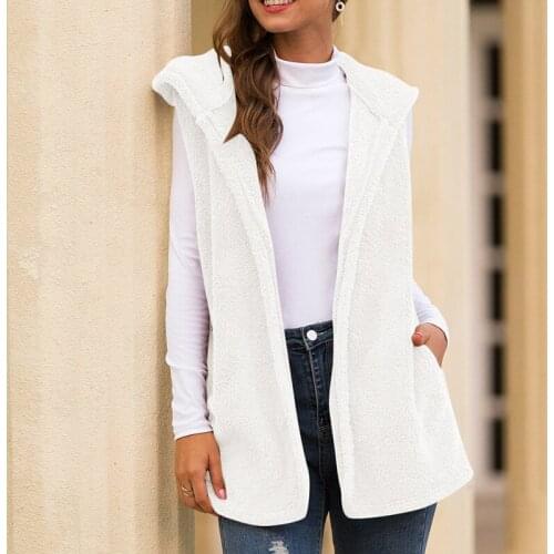Autumn Solid Color Mid-length Hooded Vest Plush Jackets Winter Women Plush Vest Coats Fashion Street Ladies Cardigan Waistcoat