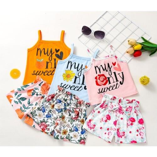 1-6Y Girl Clothing Set Summer Fashion Kid Girl Clothes Outfit Letter Printed Sleeveless Vest Floral Shorts 2pcs Children Set