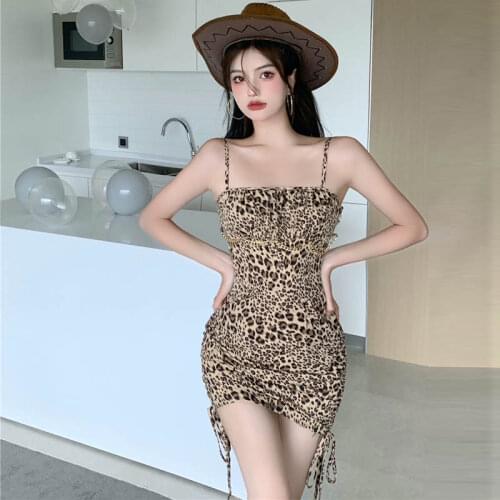 Leopard Sexy Club Spaghetti Strap Dresses for Women Off Shoulder Strapless Fashion Bandage Bodycon Dress Evening Party New