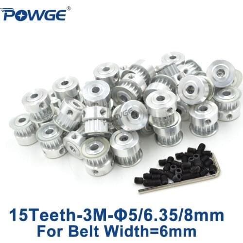 POWGE 15 Teeth HTD 3M Timing Pulley Bore 5mm 6.35mm 8mm for Width 6mm 3M synchronous belt HTD3M pulley Belt 15Teeth 15T 50pcs