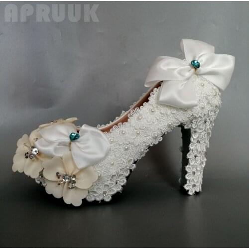 Satin bow wedding shoes lace flower crystal pearls handmade plus size luxury bridal ivory shoe high heels platforms big size