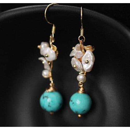 Vintage Fashion Handmade Hook Earring Green Stone Baroque Natural Pearl Dangle Earrings Accessories for Women 2019 Fashion