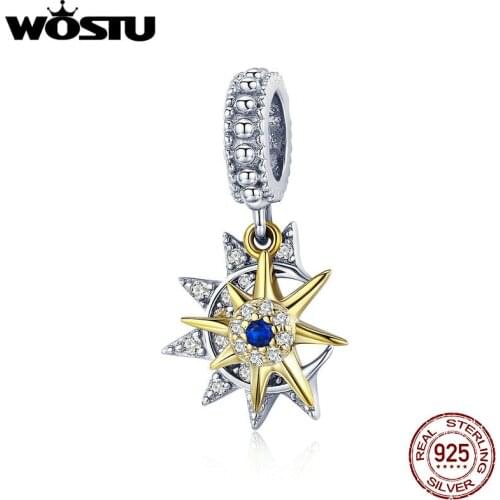 WOSTU 925 Sterling Silver Moon Star & Gold Sun Charm AAA CZ Bead Fit Original Bracelet Pendant Lucky Charms DIY Jewelry CQC1135
