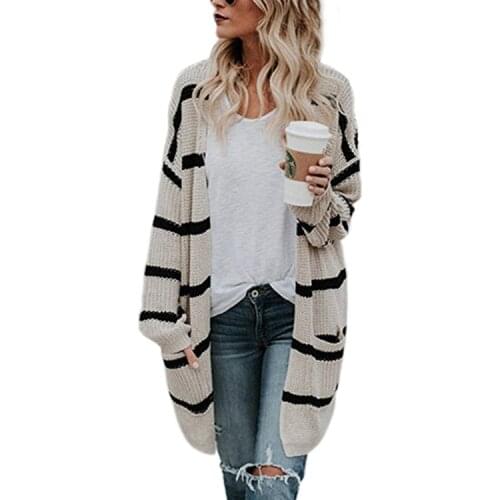 Autumn and Winter Cardigan Woman Fashion V-neck Open Stitch Woman Long Coat Striped Print Pockets Slim Female Coat