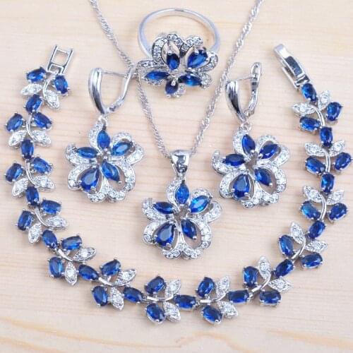 Russian Style Flower Blue Cubic Zircon Silver Color Women Jewelry Sets Bracelet Necklace Pendant Earrings Ring QS0532