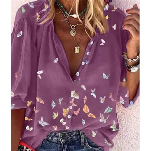 2021 Summer Tops Women Tops Shirts Ladies Casual V-Neck Long Sleeve Female Top Butterfly Print Buttons Shirt For Women