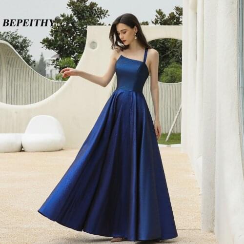 BEPEITHY One Shoulder Glitter A-Line Blue Evening Dresses Long Luxury 2020 Party Sleeveless Shining Prom Gown For Women New