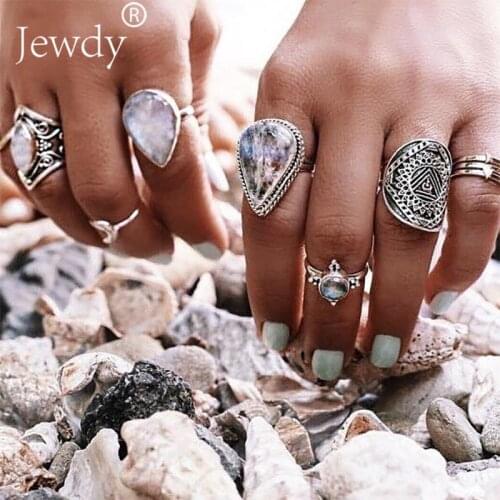 Bohemia Punk Ethnic Silver Color Rings Fashion Flower Stone Midi Ring Sets Vintage Crystal Knuckle Rings For Women 9 pcs 7pcs