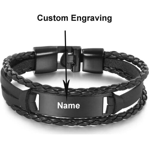 Custom Engraving Leather Bracelet for Men Boy Multi-Layer Wristband DIY Personalized Bangle Male Jewelry