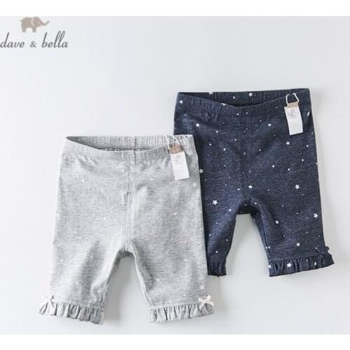 DBJ13907 dave bella summer baby girls fashion bow stars print pants children calf length kids pants infant toddler trousers
