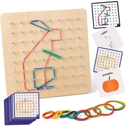 Coogam Wooden Toys Geoboard Mathematical Manipulative Block-30Pcs Pattern Cards Geo Board with Rubber Bands STEM Puzzle for Kids