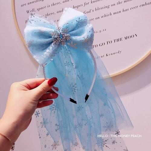 Disney cartoon princess elsa bowknot veil frozen snowflake girl childrens headband hairpin hair accessories
