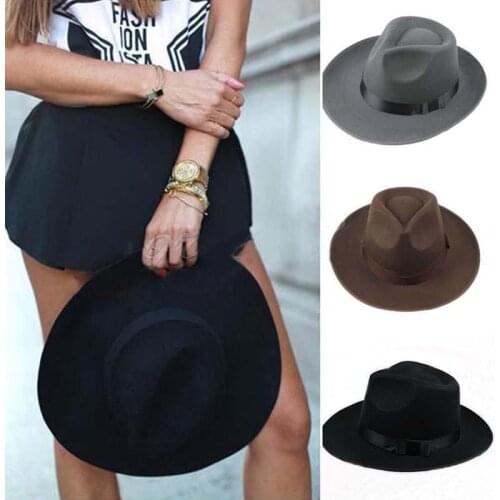 Hot Men Women Thick Wool Vintage Retro Jazz Hat Felt Fedora Wide Brim Bowler Cap Black Gray Cowboy Hat Black Grey Unisex Hats